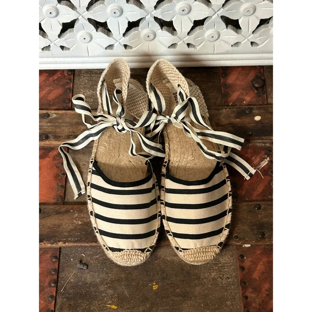 Soludos Womens Striped Lace Up Espadrille Flats Black White Ankle Tie Size 9.5